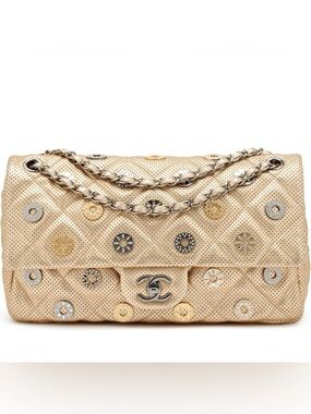Rare collectible CHANEL Gold Metallic Dubai-Paris Flap Shoulder Bag
